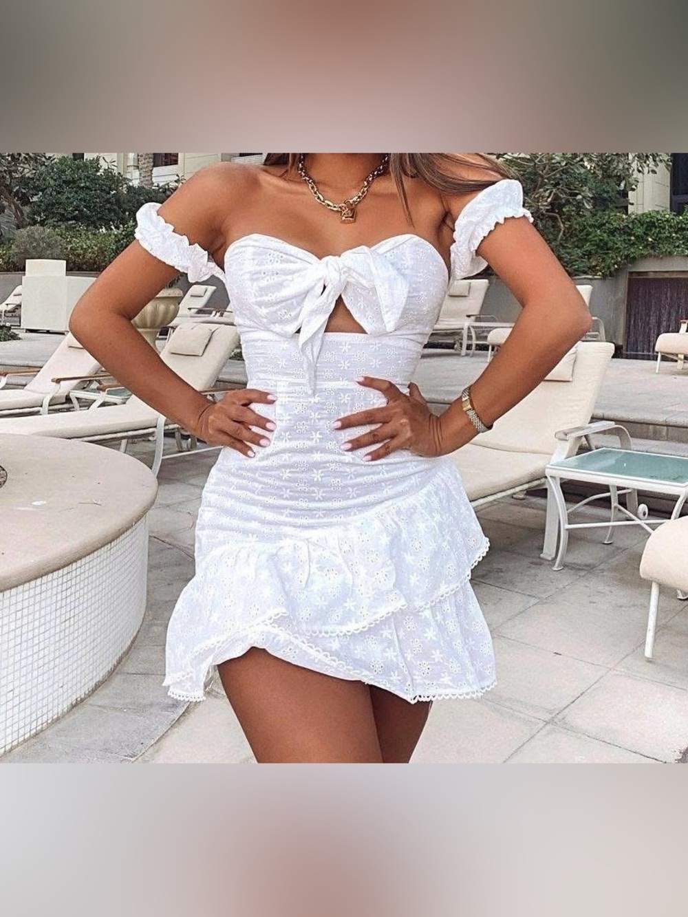 Medium White Off-Shoulder Tie-Front Mini Dress
